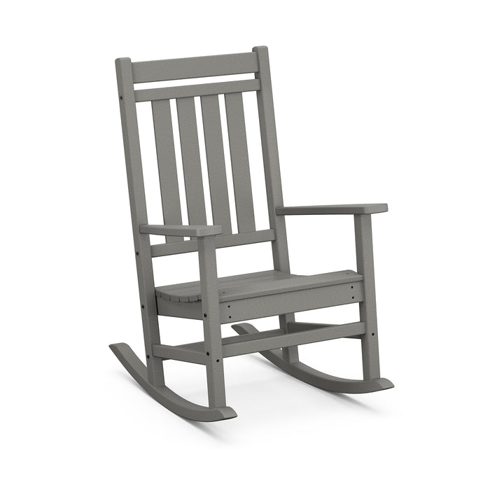 Gray POLYWOOD Estate Rocking Chair with vertical slats, flat seat, curved rockers, and fade-resistant finish.