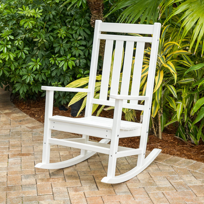 POLYWOOD Estate Rocking Chair, crafted from durable materials, showcased on a patio—highlighting its American-made quality and timeless design.