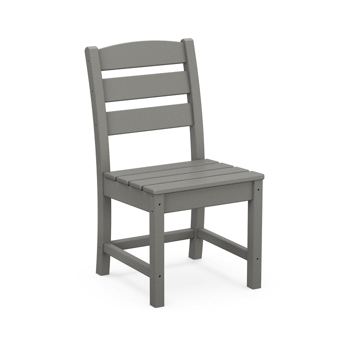 Gray POLYWOOD Lakeside Dining Chair featuring a slatted seat and back; weather-resistant, durable, with straight legs; ideal for outdoor dining.
