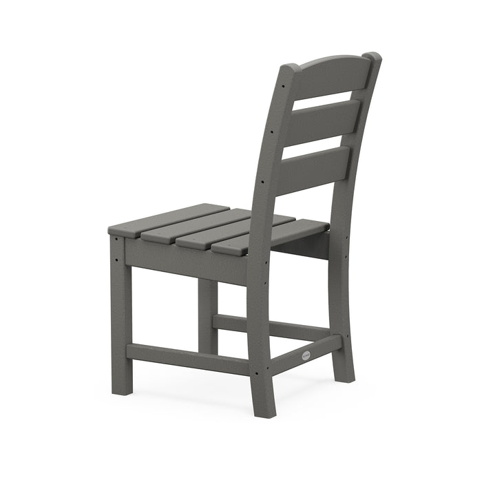 Gray POLYWOOD Lakeside Dining Chair featuring a slatted seat and weather-resistant backrest, shown from the rear and side to highlight its durable design.