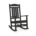 POLYWOOD Presidential black rocking chair featuring vertical slats and curved rockers, showcasing a weather-resistant design.