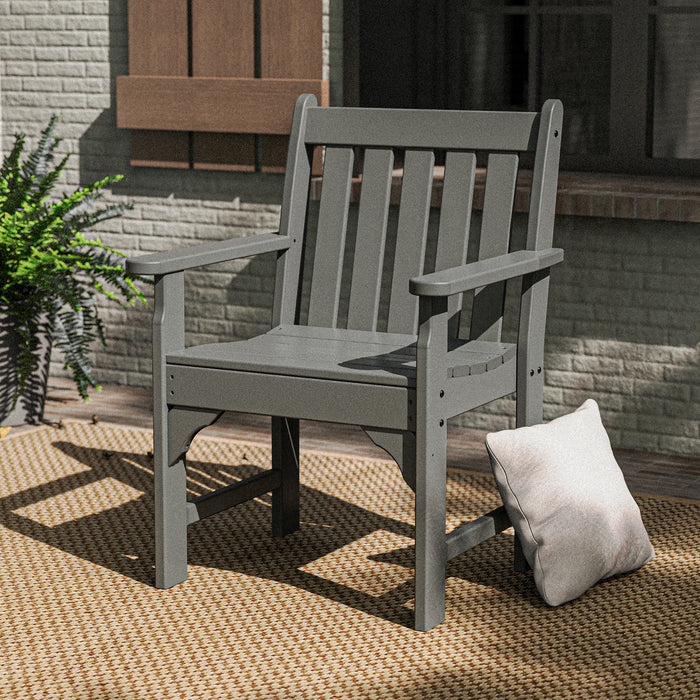 POLYWOOD Vineyard Arm Chair featuring sturdy, American-made craftsmanship displayed on a woven rug; premium outdoor furniture focus.