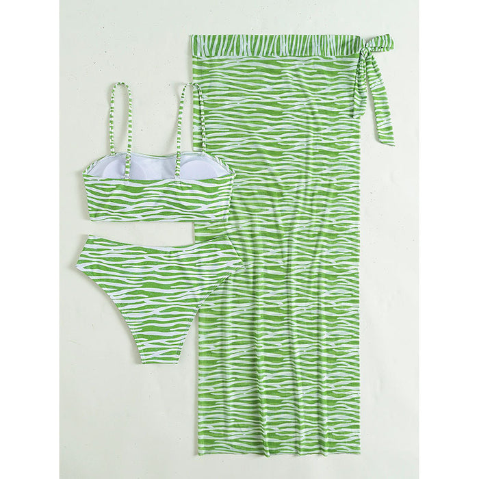Sexy Striped Bikini Three-Piece Swimwear Set with Beach Dress