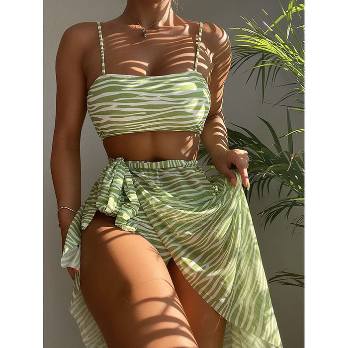Sexy Striped Bikini Three-Piece Swimwear Set with Beach Dress