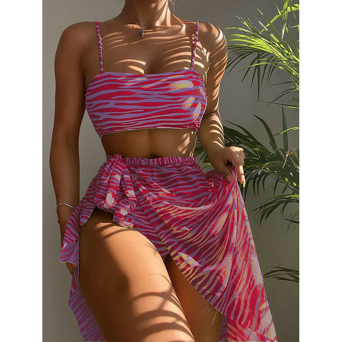Sexy Striped Bikini Three-Piece Swimwear Set with Beach Dress
