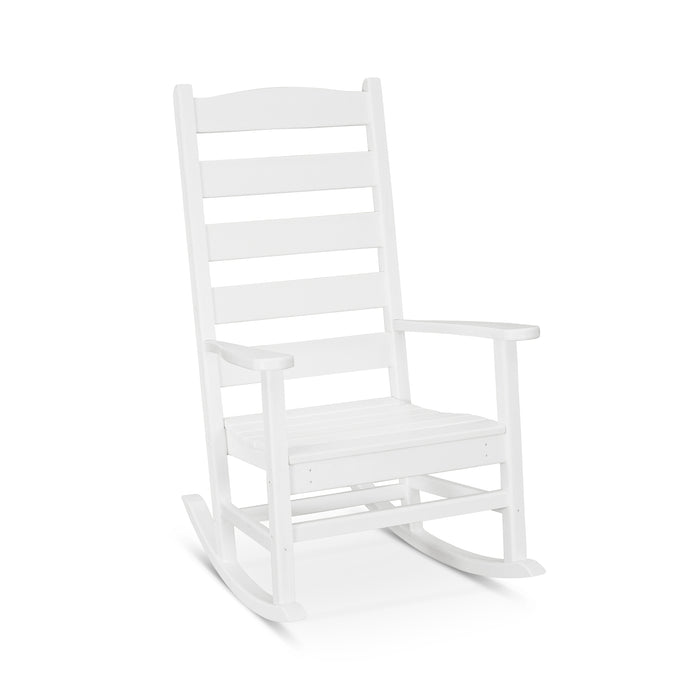 Black POLYWOOD Shaker Porch Rocking Chair with horizontal slats and a flat seat, showcasing classic American Shaker craftsmanship.