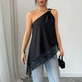 Slanted shoulder metal buckle lace patchwork irregular loose vest for women
