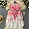 Stand up collar single breasted lantern sleeve dress