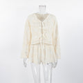 V-neck long sleeved lace up top and shorts two-piece set