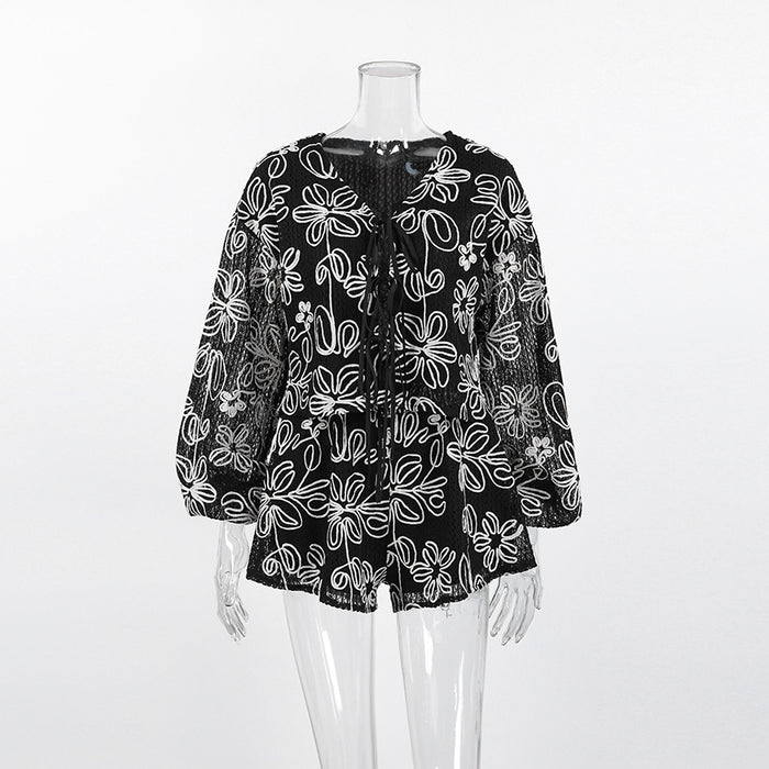 V-neck long sleeved lace up top and shorts two-piece set