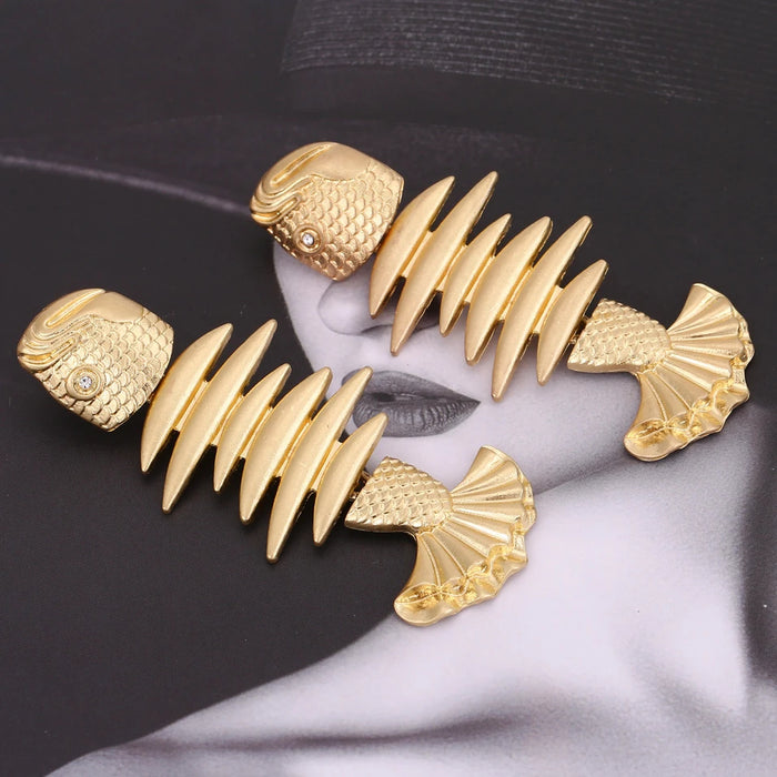 Vintage Golden Stitched Fishbone Statement Earrings for Woman Party Casual Jewelry