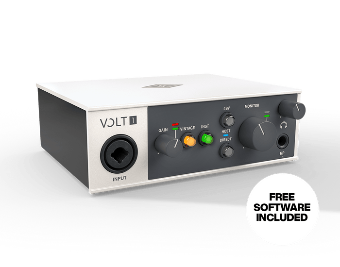 Universal Audio Volt 1 USB audio interface shown at an angle, with Gain, Vintage Mic Preamp Mode, Instrument switch, 48V, and Monitor controls visible on the front panel.