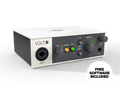 Universal Audio Volt 1 USB audio interface shown at an angle, with Gain, Vintage Mic Preamp Mode, Instrument switch, 48V, and Monitor controls visible on the front panel.