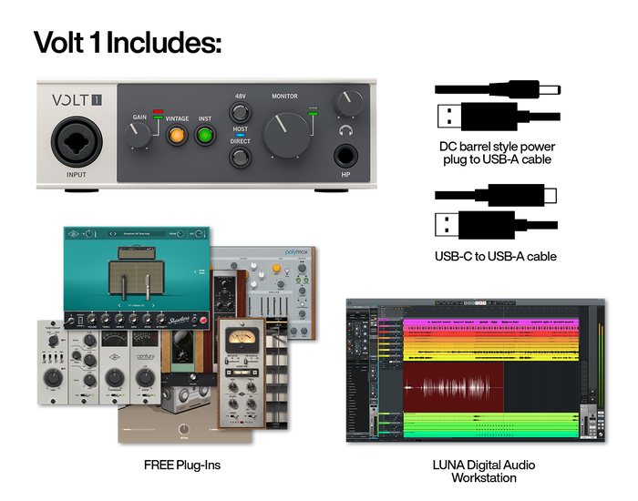 Volt 1 audio interface with its included LUNA DAW and free UAD plug-ins including Showtime '64 Tube Amp, Century Tube Channel Strip, PolyMAX Synth, Pure Plate Reverb, and Vibe Analog Machines Essentials, plus included USB and power cables.