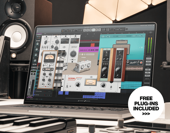 Laptop screen displaying the LUNA DAW session with UAD plug-ins open, including UA 610-A and 610-B, Century Tube Channel Strip, Showtime '64 Tube Amp, Vibe Analog Machines Essentials, and Teletronix LA-2A Tube Compressor with the text "FREE PLUG-INS INCLUDED".