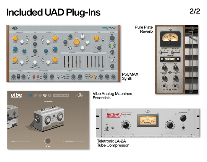 Included UAD plug-ins with Volt (2 of 2): PolyMAX Synth, Pure Plate Reverb, Vibe Analog Machines Essentials, and Teletronix LA-2A Tube Compressor.