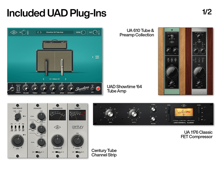 Included UAD plug-ins with Volt (1 of 2): UAD Showtime '64 Tube Amp, UA 610 Tube & Preamp Collection, Century Tube Channel Strip, and UA 1176 Classic FET Compressor.
