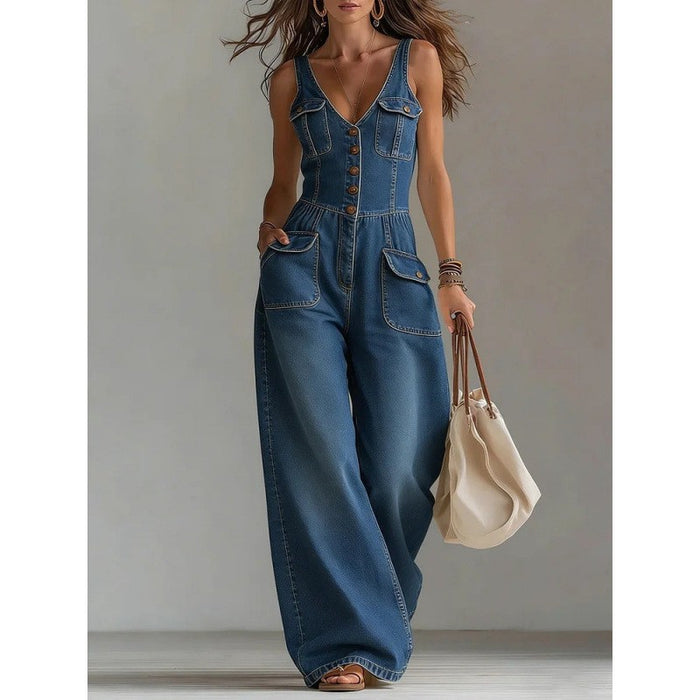 Washed Denim Sleeveless Strap Jumpsuit