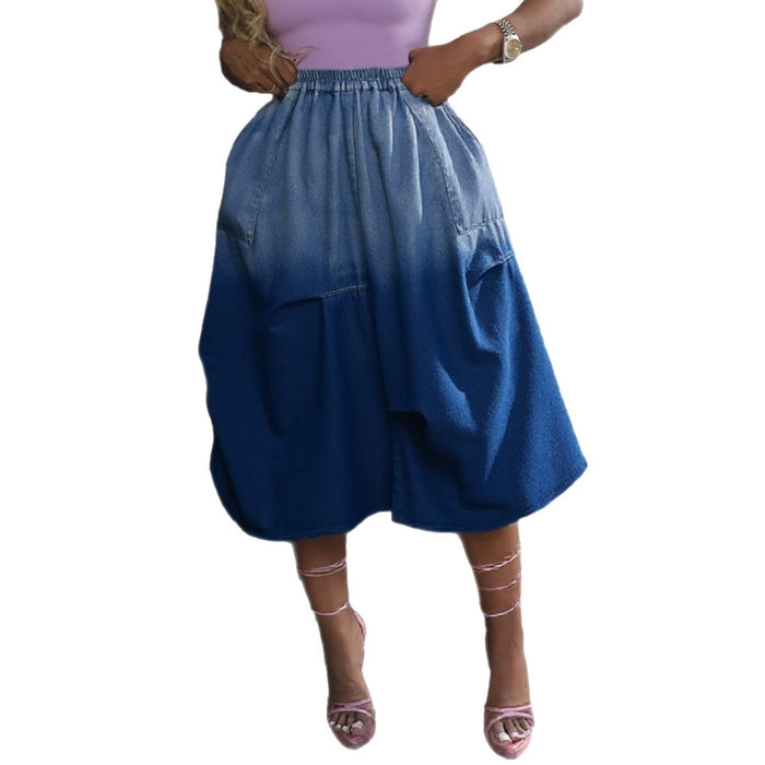 Washed Gradient Elastic Waist Denim Skirt