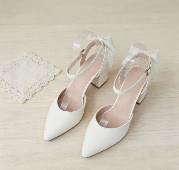 Women's off-white bow chunky heel pointed toe sandals for spring and summer
