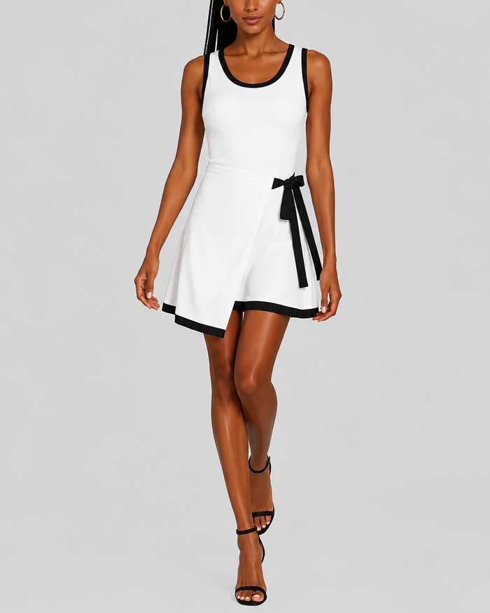 Women's fashion color-blocked edge square neck fake two-layer skirt sleeveless elastic dress
