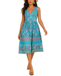 Women's Fashion Ethnic Style Blue Printed V-Neck Open Front Sleeveless Dress