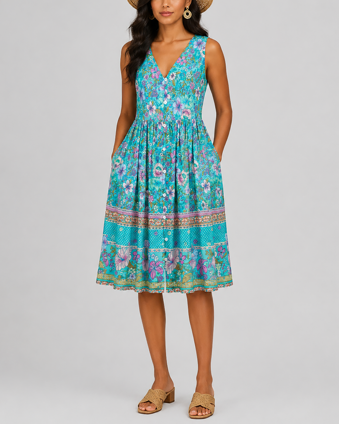 Women's Fashion Ethnic Style Blue Printed V-Neck Open Front Sleeveless Dress