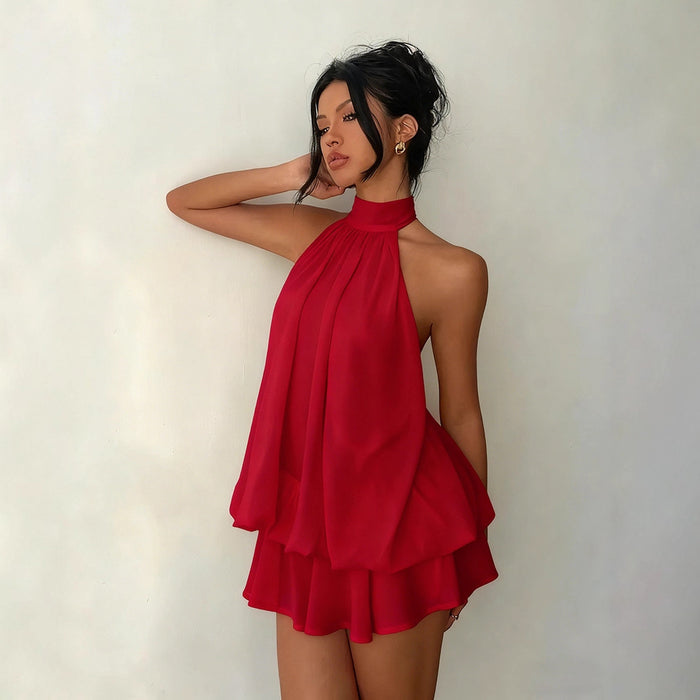Women's vacation fitted sexy backless halter neck tie-waist dress with puffy short skirt