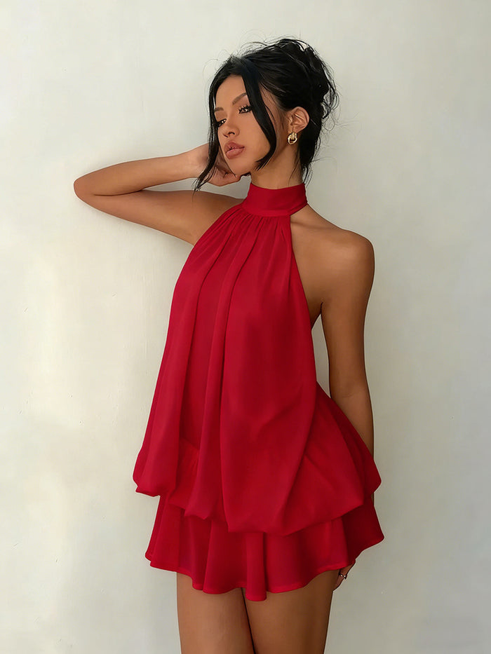 Women's vacation fitted sexy backless halter neck tie-waist dress with puffy short skirt