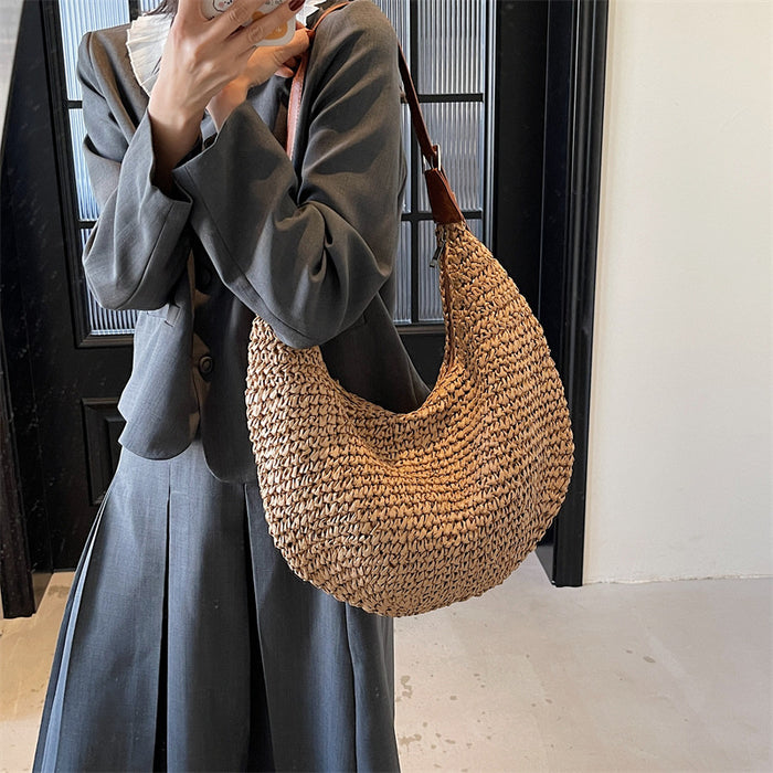 Woven Bag Women  Casual Large Capacity Handmade Straw Shoulder  Purse